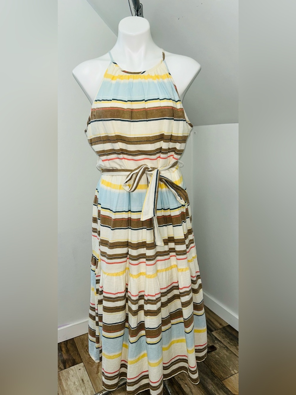 DKNY 100% Cotton Halter Tiered Midi Dress Belted lightweight Classic